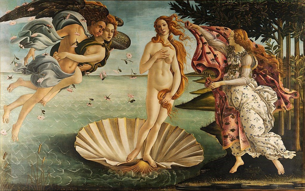 O nascimento de Vênus de Sandro Botticelli, hoje na Galleria degli Uffizi. A deusa apresenta as feições de Simonetta, mesmo sendo o quadro pintado 9 anos após a sua morte.
