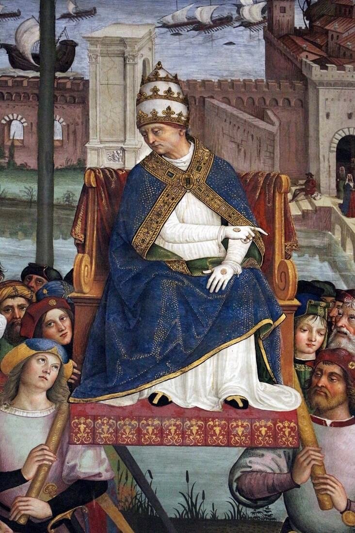 Pio II chega a Ancona para dar início a cruzada; detalhe do célebre afresco de Pinturicchio realizado na Biblioteca Piccolomini, dentro da Catedral de Siena. 